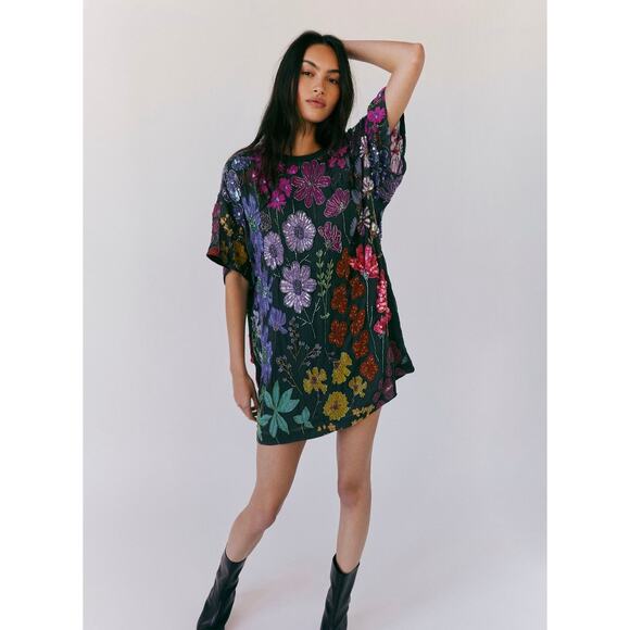 Free People Dresses & Skirts - Free People Jewel Mini Dress XS Oversized Twilight Combo Hand Beaded Black NWOT